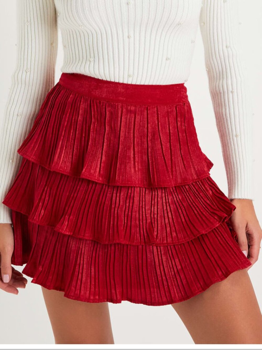 NEW Lulus Women's Large Treasured Sweetie Red Satin Plisse Tiered Mini Skirt nwt